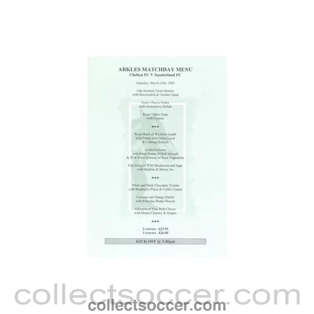 2002 - Chelsea v Sunderland Arkles menu 16/03/2002 - Collect Soccer