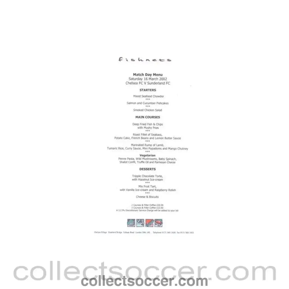 2002 - Chelsea v Sunderland Fishnets menu 16/03/2002 - Collect Soccer
