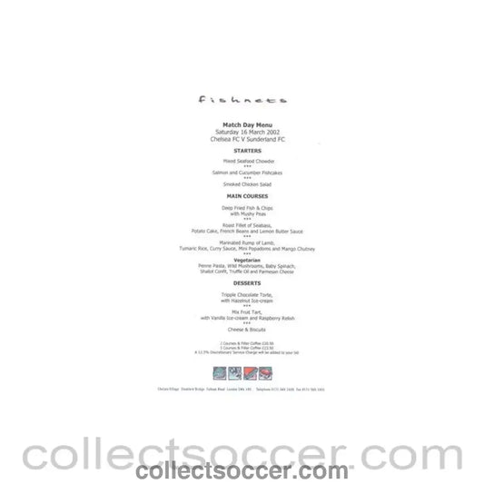 2002 - Chelsea v Sunderland Fishnets menu 16/03/2002