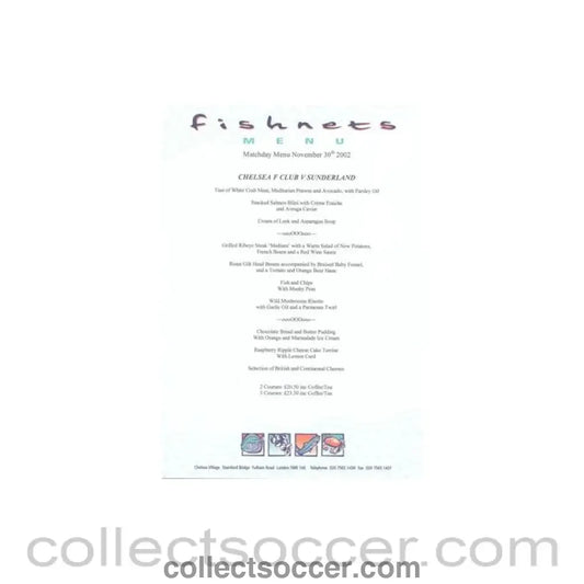 2002 - Chelsea v Sunderland Fishnets menu 30/11/2002