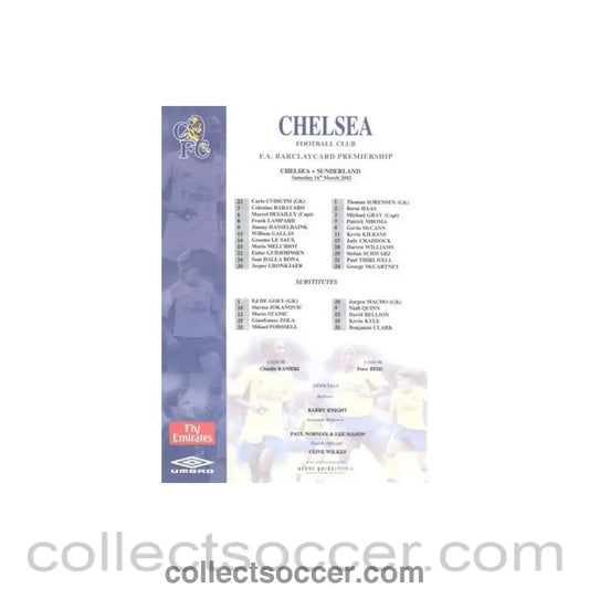 2002 - Chelsea v Sunderland official colour teamsheet 16/03/2002 Premier League
