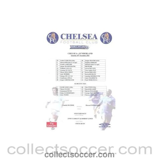 2002 - Chelsea v Sunderland official colour teamsheet 30/11/2002 Premier League