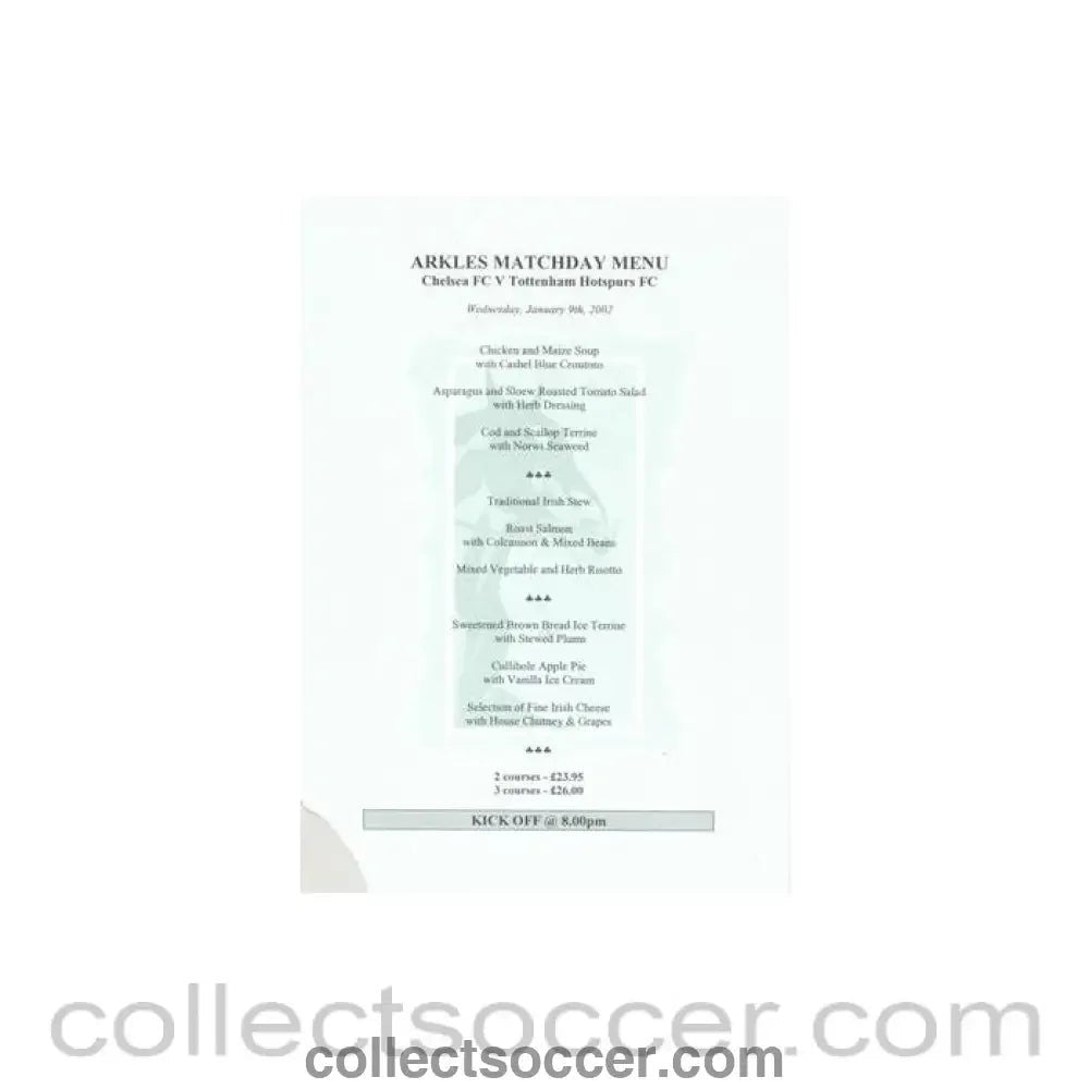 2002 - Chelsea v Tottenham Hotspur Arkles menu 09/01/2002 Football League - Collect Soccer