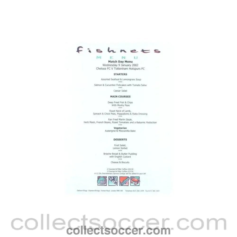 2002 - Chelsea v Tottenham Hotspur Fishnets menu 09/01/2002 Football League - Collect Soccer