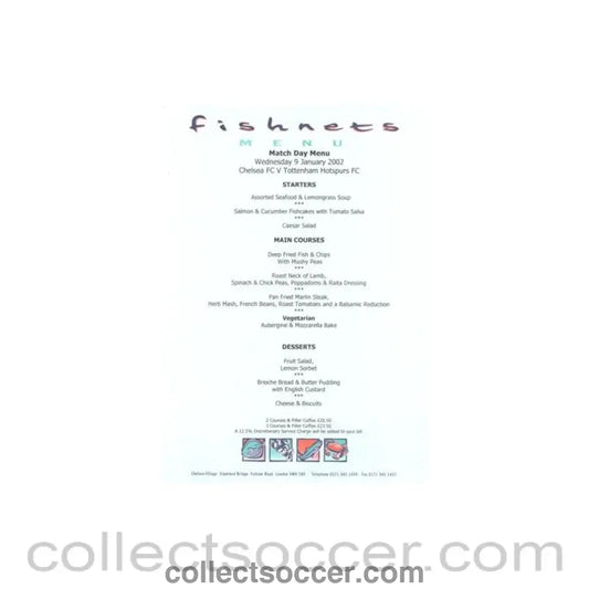 2002 - Chelsea v Tottenham Hotspur Fishnets menu 09/01/2002 Football League