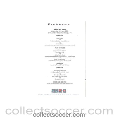 2002 - Chelsea v Tottenham Hotspur Fishnets menu 13/03/2002 - Collect Soccer