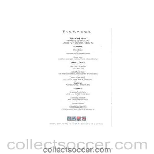 2002 - Chelsea v Tottenham Hotspur Fishnets menu 13/03/2002