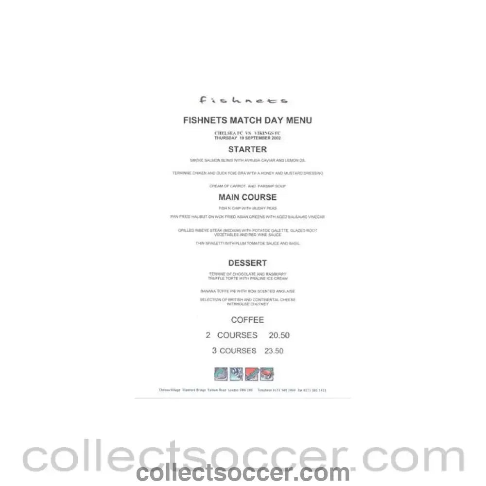 2002 - Chelsea v Viking Fishnets menu 19/09/2002 UEFA Cup - Collect Soccer