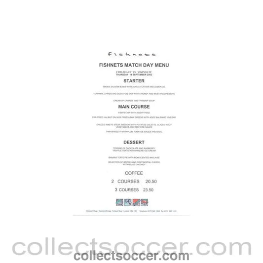2002 - Chelsea v Viking Fishnets menu 19/09/2002 UEFA Cup
