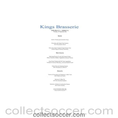 2002 - Chelsea v Viking King's Brasserie menu 19/09/2002 UEFA Cup - Collect Soccer
