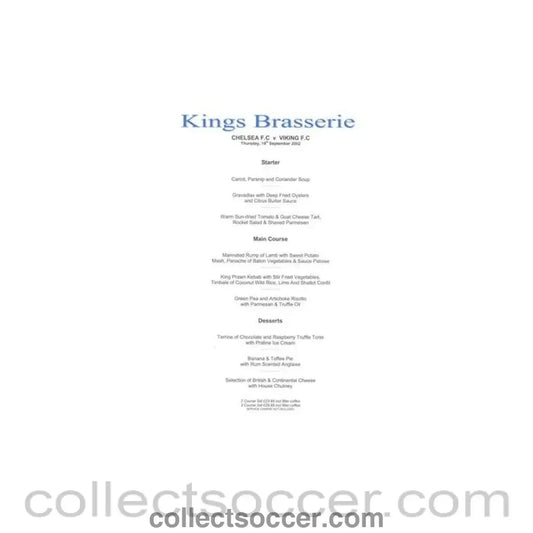 2002 - Chelsea v Viking King’s Brasserie menu 19/09/2002 UEFA Cup