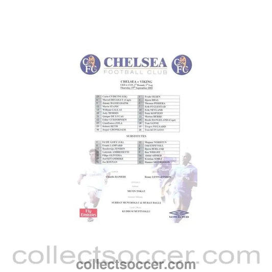 2002 - Chelsea v Viking official colour teamsheet 19/09/2002 UEFA Cup