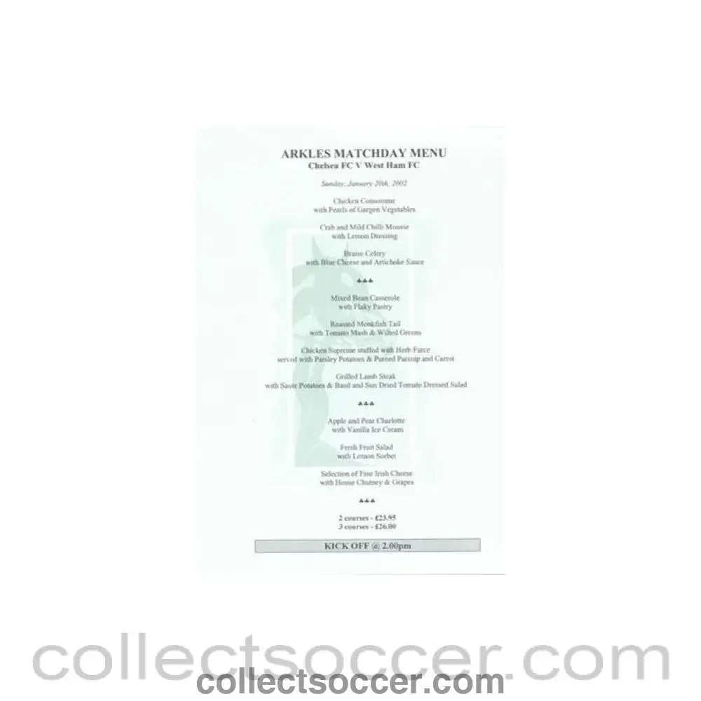 2002 - Chelsea v West Ham United Arkles menu 20/01/2002 Premier League - Collect Soccer