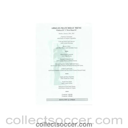 2002 - Chelsea v West Ham United Arkles menu 20/01/2002 Premier League - Collect Soccer