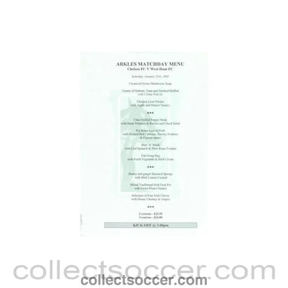 2002 - Chelsea v West Ham United Arkles menu 26/01/2002 F.A. Cup