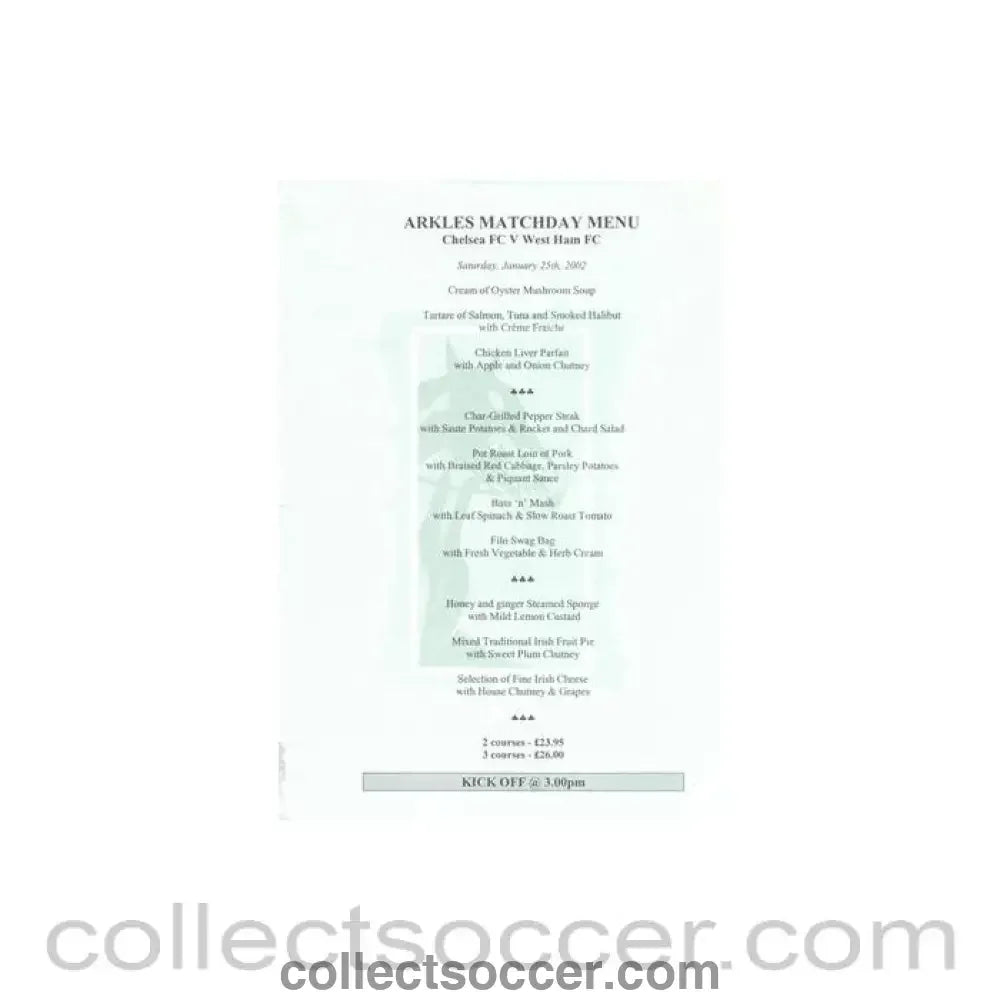 2002 - Chelsea v West Ham United Arkles menu 26/01/2002 F.A. Cup