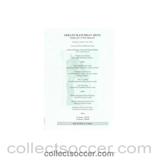 2002 - Chelsea v West Ham United Arkles menu 26/01/2002 F.A. Cup