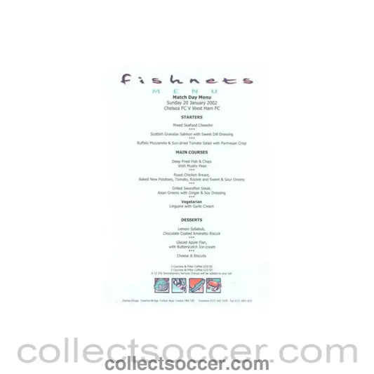 2002 - Chelsea v West Ham United Fishnets menu 20/01/2002 Premier League