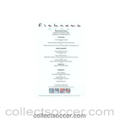 2002 - Chelsea v West Ham United Fishnets menu 20/01/2002 Premier League - Collect Soccer