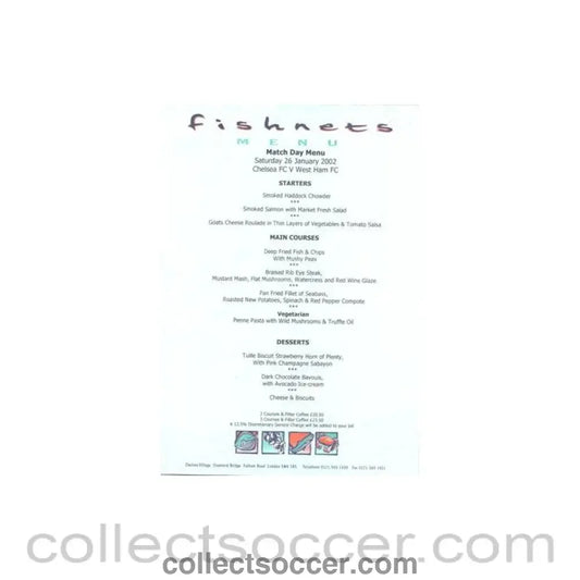 2002 - Chelsea v West Ham United Fishnets menu 26/01/2002 F.A. Cup