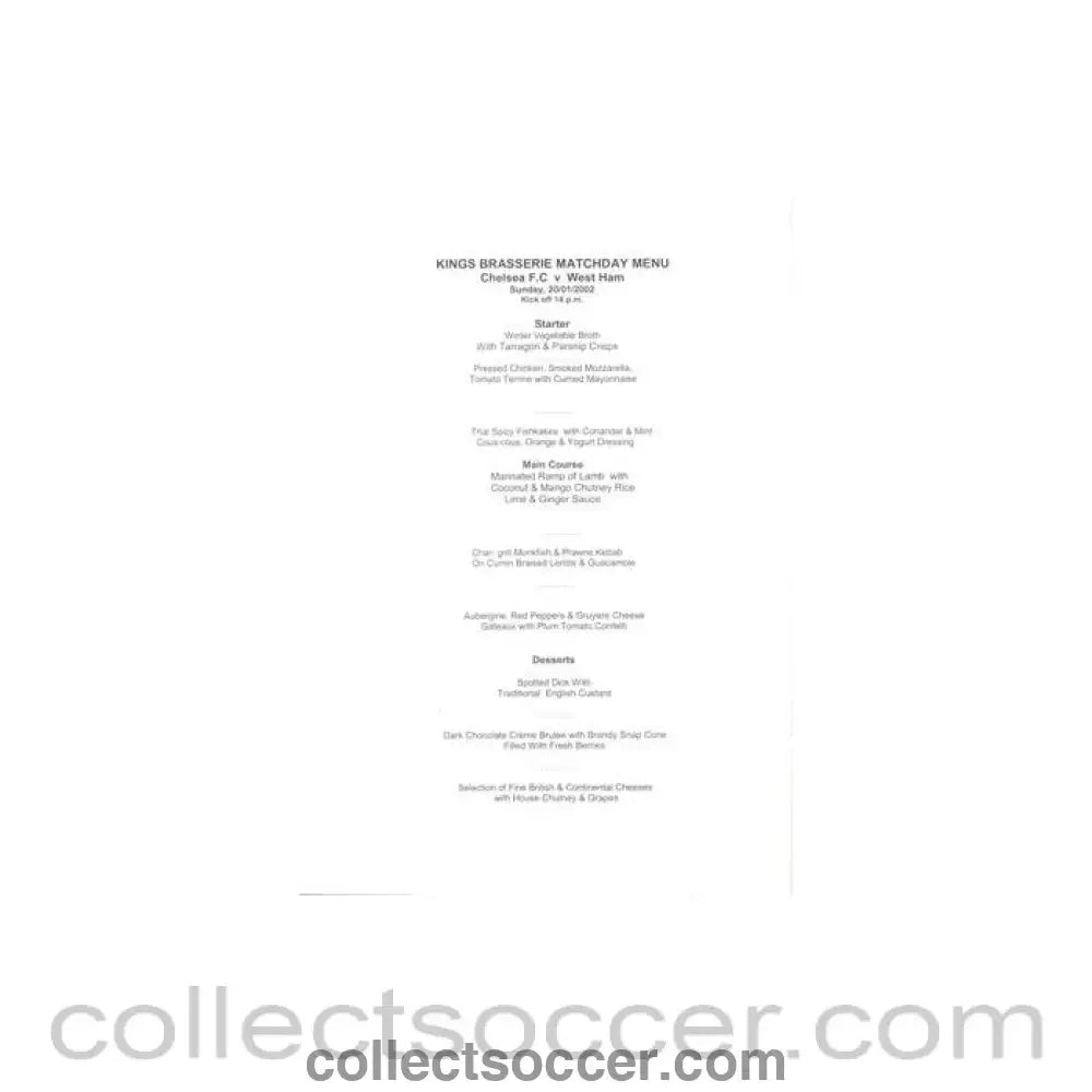 2002 - Chelsea v West Ham United King's Brasserie menu 20/01/2002 Premier League - Collect Soccer