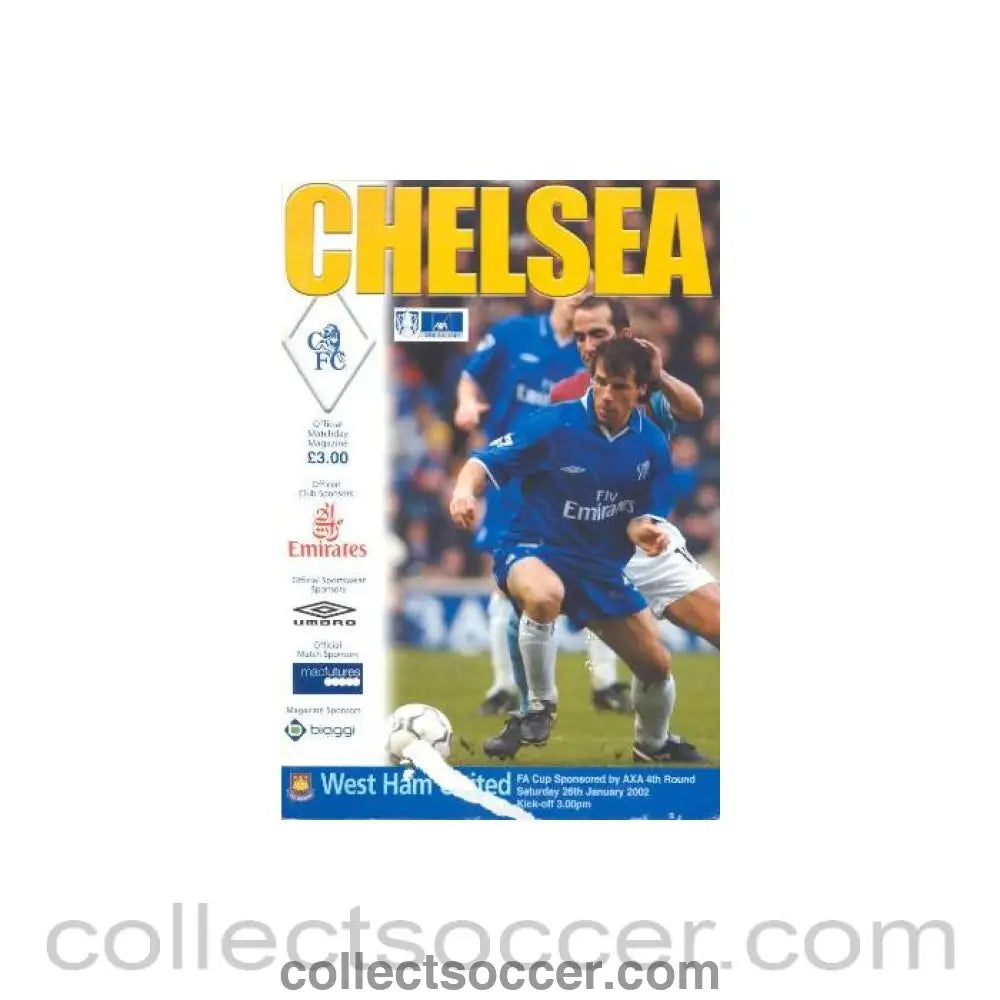2002 - Chelsea v West Ham United official programme 26/01/2002 F.A. Cup reduced price