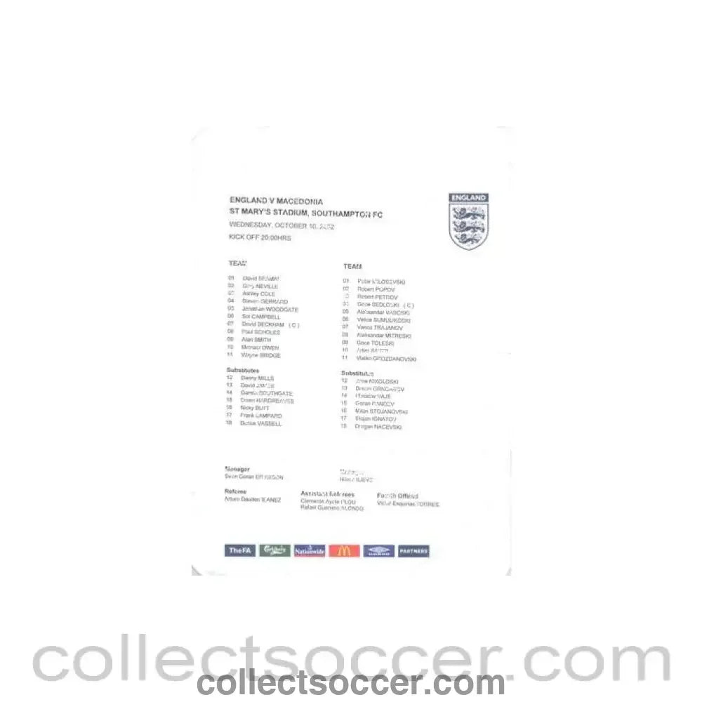 2002 - England v Macedonia official teamsheet 16/10/2002 - Collect Soccer