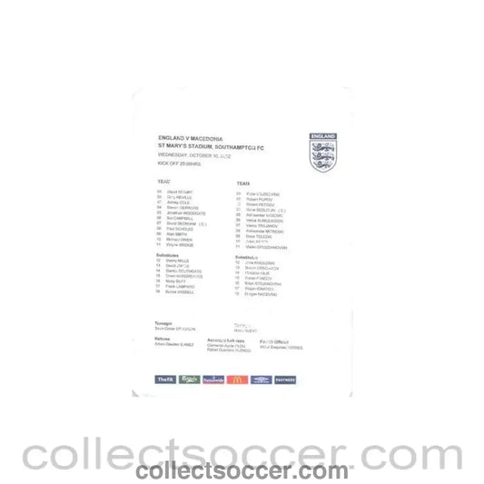 2002 - England v Macedonia official teamsheet 16/10/2002 - Collect Soccer