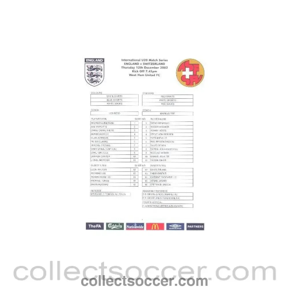 2002 - England v Switzerland 12/12/2002 U20 Colour Teamsheet
