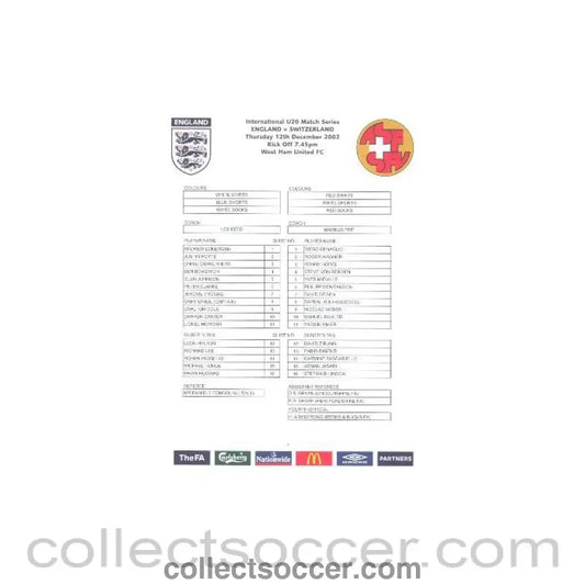 2002 - England v Switzerland 12/12/2002 U20 Colour Teamsheet - Collect Soccer