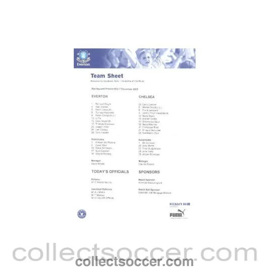 2002 - Everton v Chelsea official teamsheet 07/12/2002