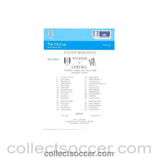 2002 - Fulham v Chelsea official colour printed teamsheet 14/04/2002 FA Cup Semi-Final