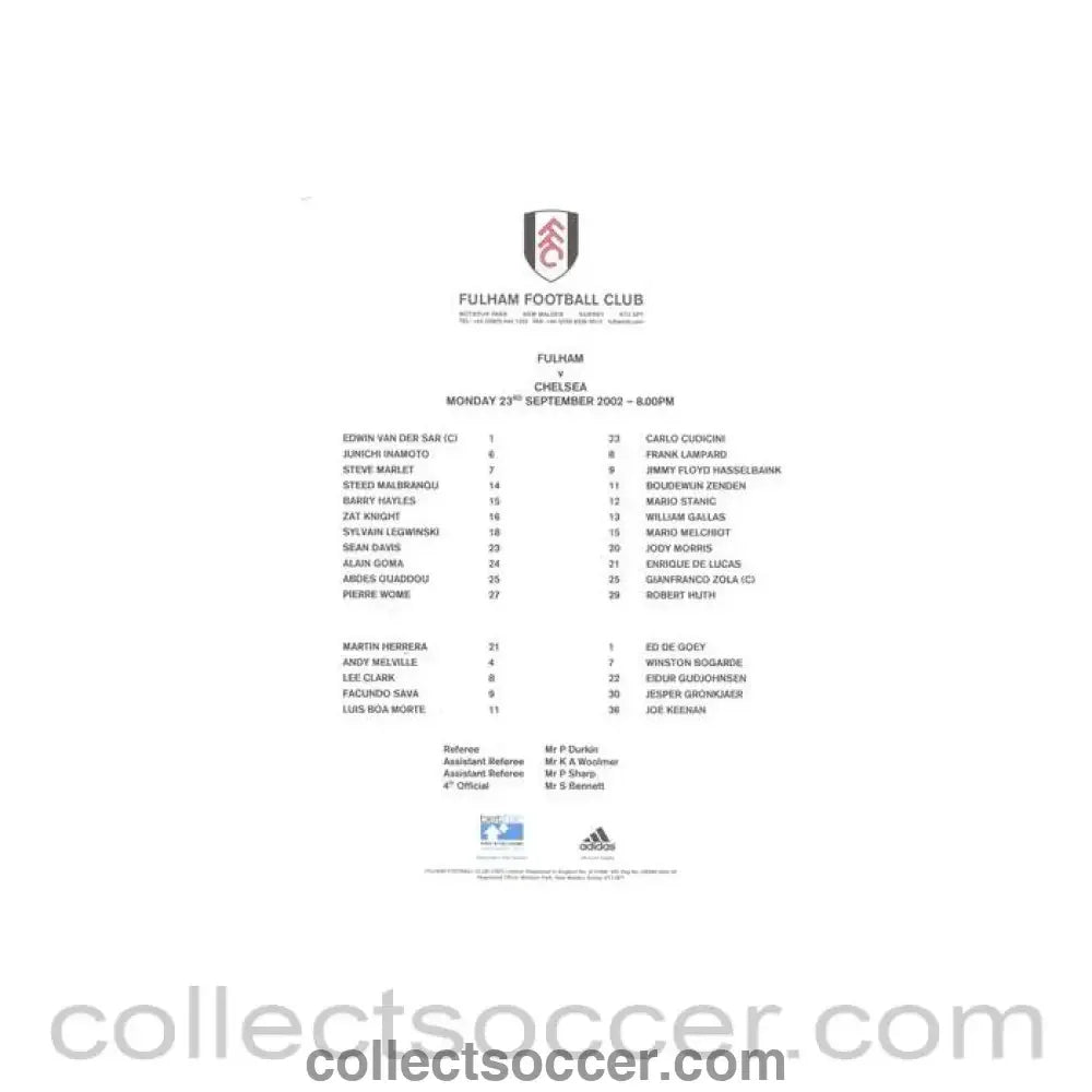 2002 - Fulham v Chelsea official colour teamsheet 23/09/2002 - Collect Soccer