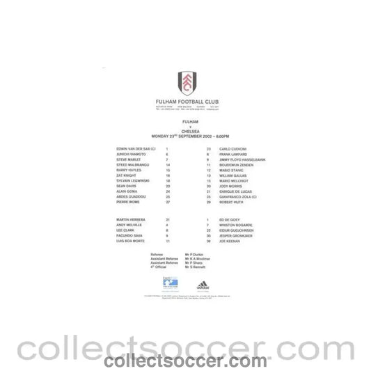 2002 - Fulham v Chelsea official colour teamsheet 23/09/2002