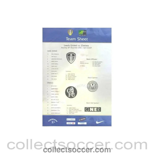 2002 - Leeds United v Chelsea official colour teamsheet 28/12/2002 - Collect Soccer