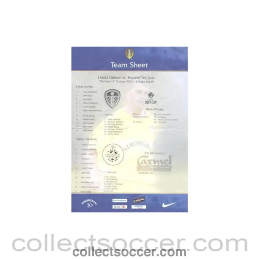 2002 - Leeds United v Hapoel Tel Aviv teamsheet 31/10/2002 UEFA Cup