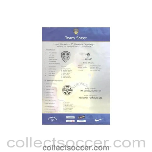 2002 - Leeds United v Metalurh Zaporizhya teamsheet 19/09/2002 UEFA Cup - Collect Soccer