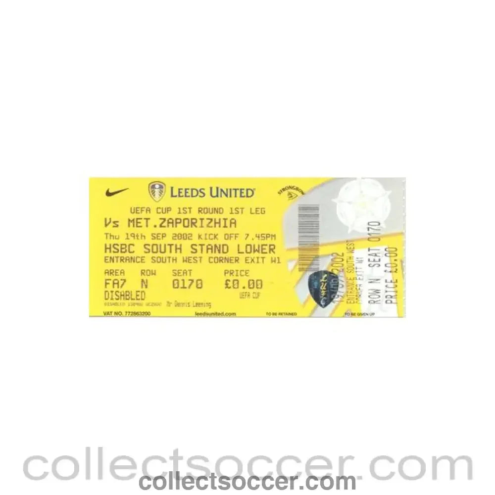 2002 - Leeds United v Metalurh Zaporizhya unused ticket 19/09/2002 UEFA Cup