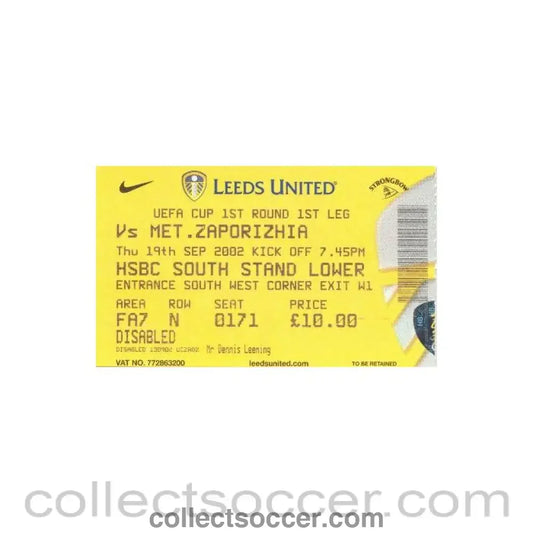 2002 - Leeds United v Metalurh Zaporizhya used ticket 19/09/2002 UEFA Cup