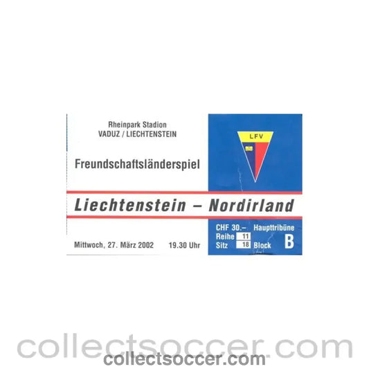 2002 - Lichtenstein v Northern Ireland blue used ticket 27/03/2002