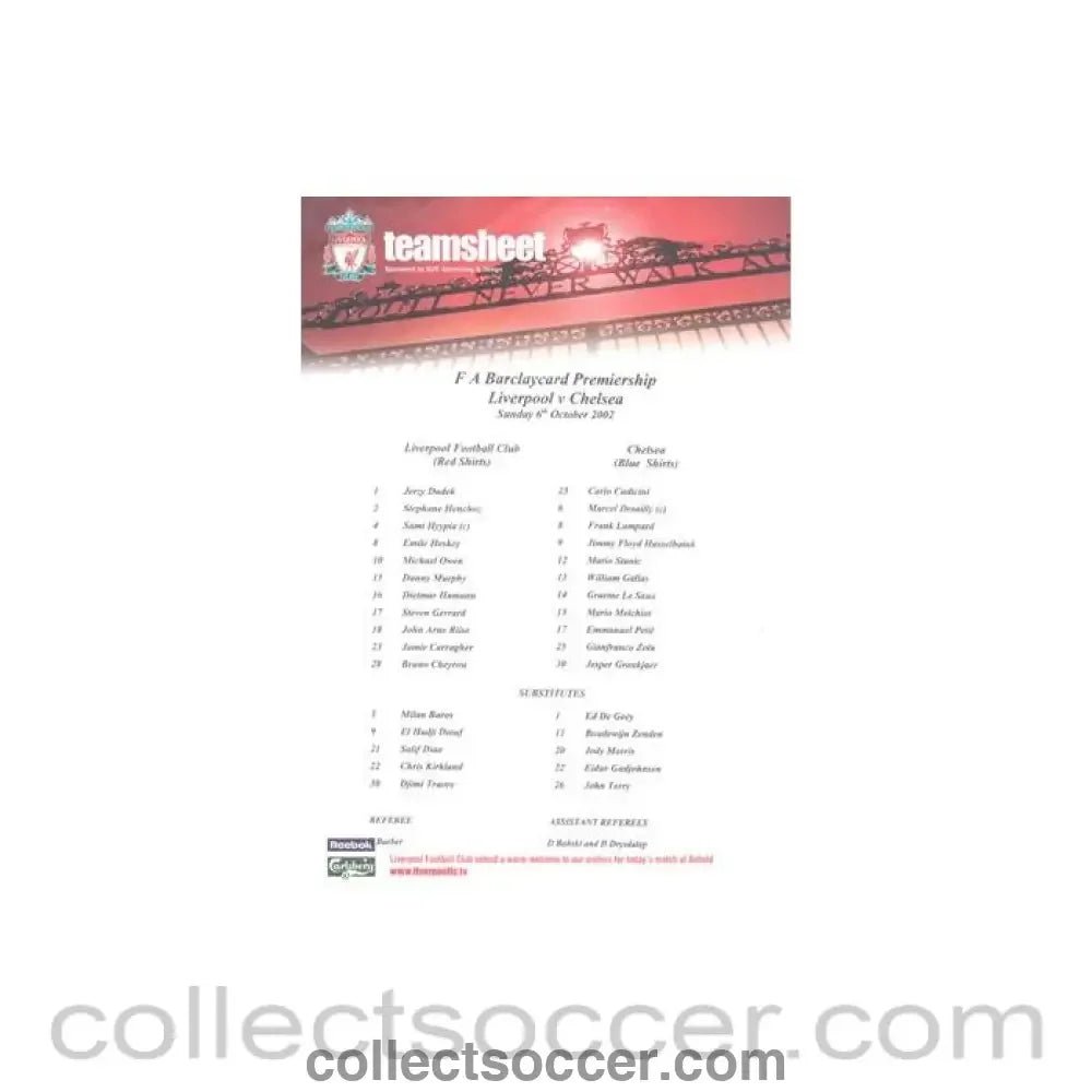 2002 - Liverpool v Chelsea official colour teamsheet 06/10/2002 Premier League - Collect Soccer