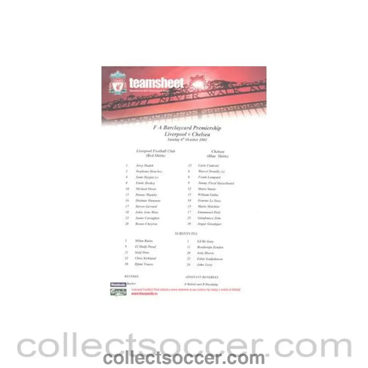 2002 - Liverpool v Chelsea official colour teamsheet 06/10/2002 Premier League