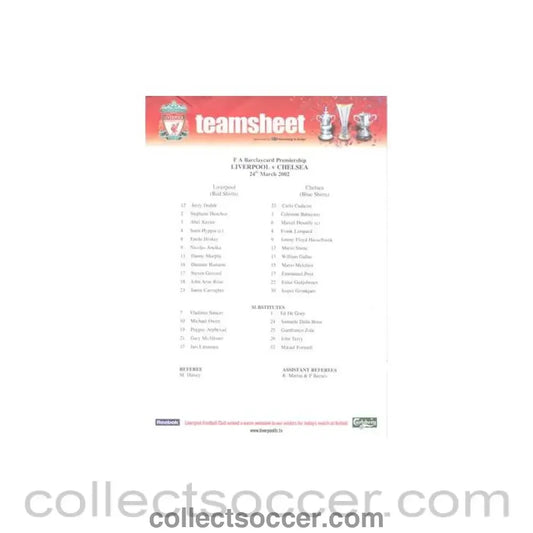 2002 - Liverpool v Chelsea official colour teamsheet 24/03/2002 Premier League