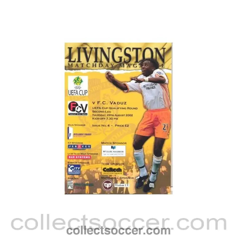 2002 - Livingston v Vaduz official programme 29/08/2002 UEFA Cup - Collect Soccer