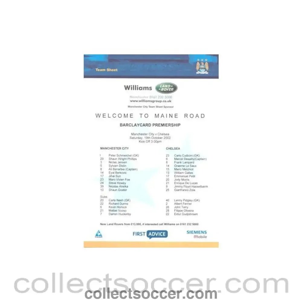 2002 - Manchester City v Chelsea official colour teamsheet 19/10/2002 Premier League - Collect Soccer