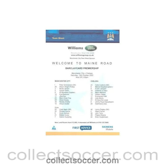 2002 - Manchester City v Chelsea official colour teamsheet 19/10/2002 Premier League - Collect Soccer