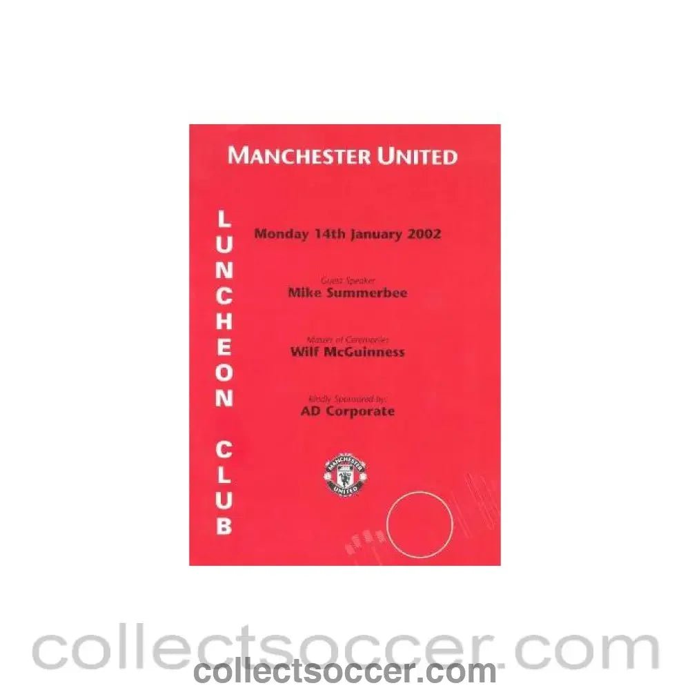 2002 - Manchester United menu 14/01/2002 - Collect Soccer
