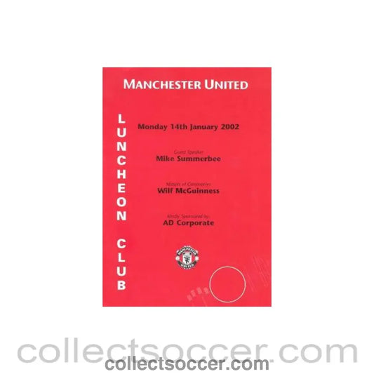2002 - Manchester United menu 14/01/2002