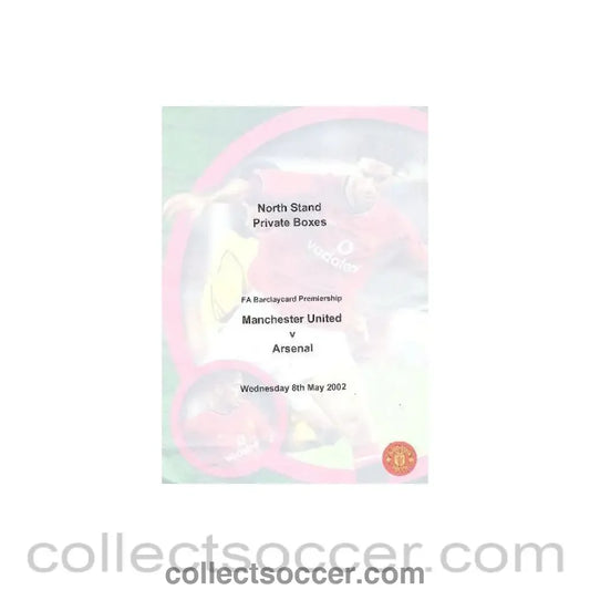 2002 - Manchester United v Arsenal Menu of 08/05/2002 F.A. Barclaycard Premiership