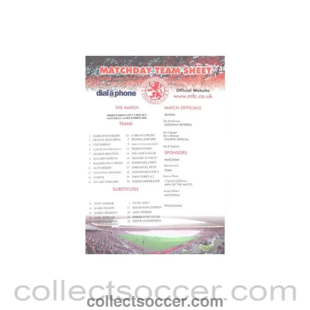 2002 - Middlesbrough v Chelsea official colour teamsheet 14/12/2002 Premier League - Collect Soccer